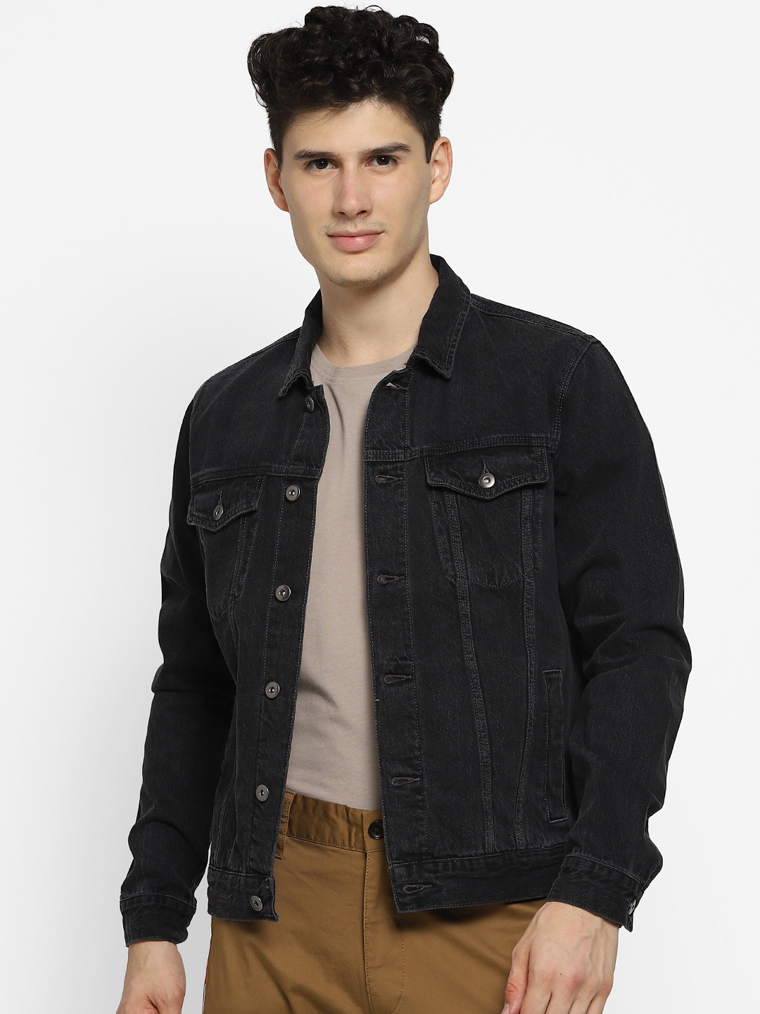

FOREVER 21 Men Black Solid Cotton Denim Jacket
