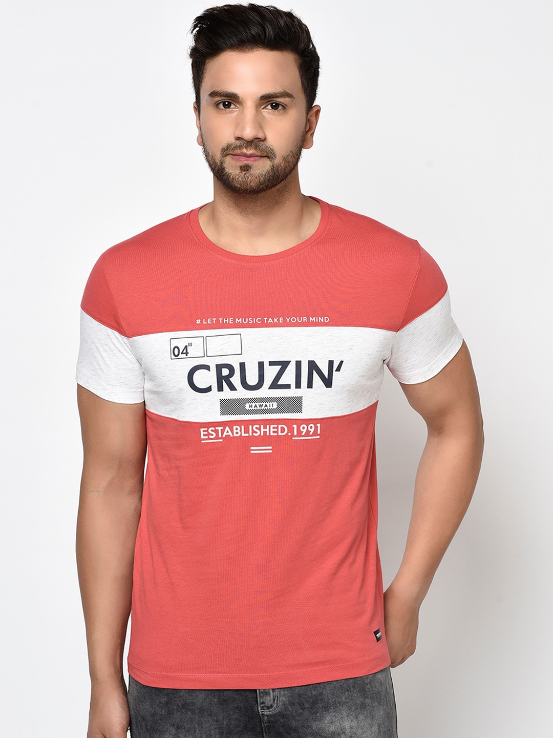 

Octave Men Colourblocked Printed Round Neck T-shirt, Red
