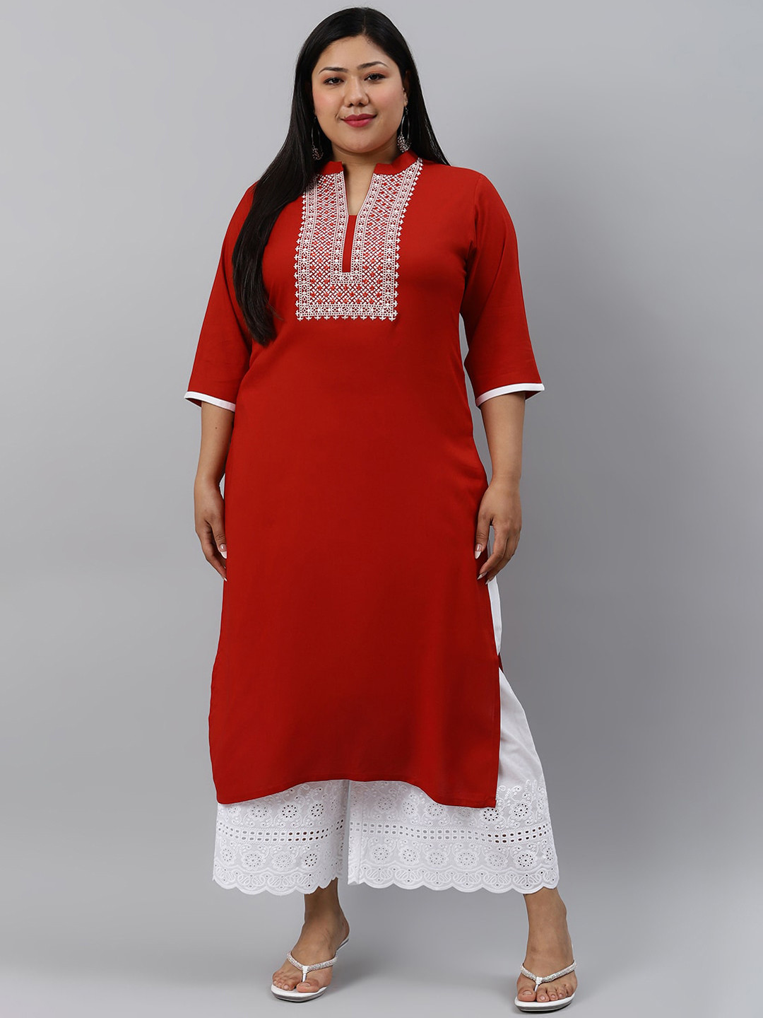 

EXTRA LOVE BY LIBAS Women Plus Size Red & White Embroidered Straight Kurta