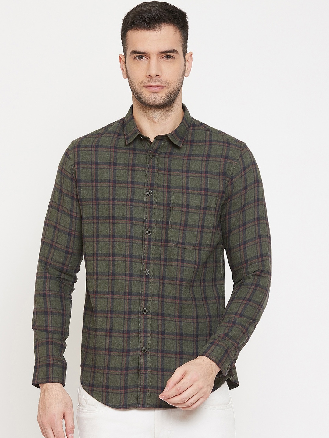 

Octave Men Olive Green & Navy Blue Regular Fit Checked Casual Shirt