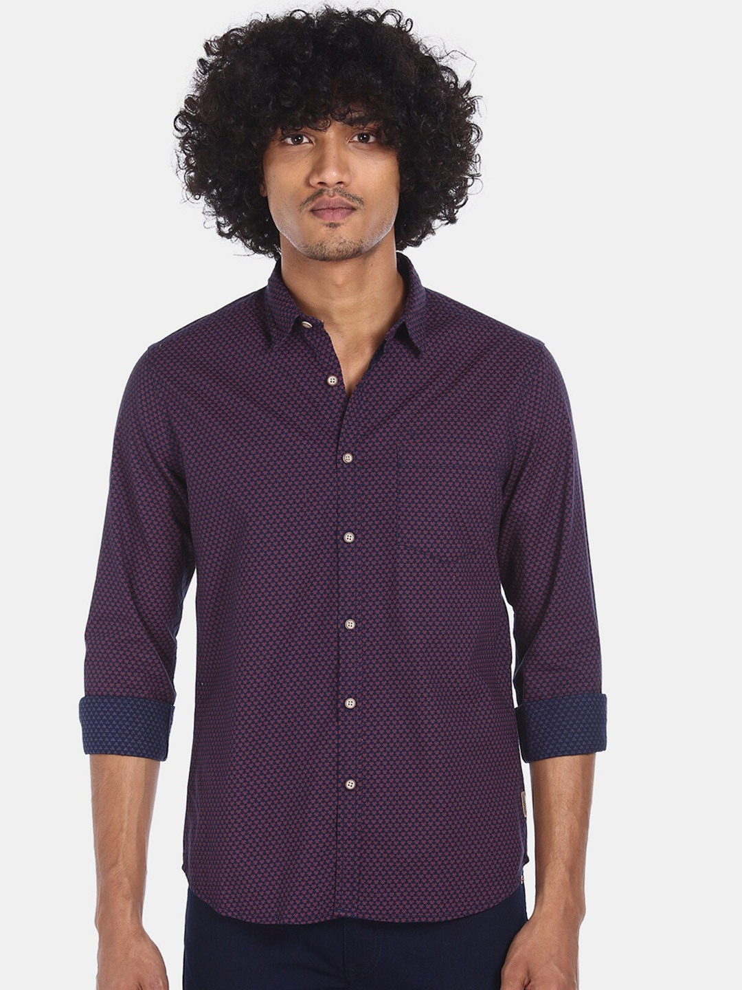 

Flying Machine Men Navy Blue & Purple Regular Fit Printed Cotton Casual Shirt