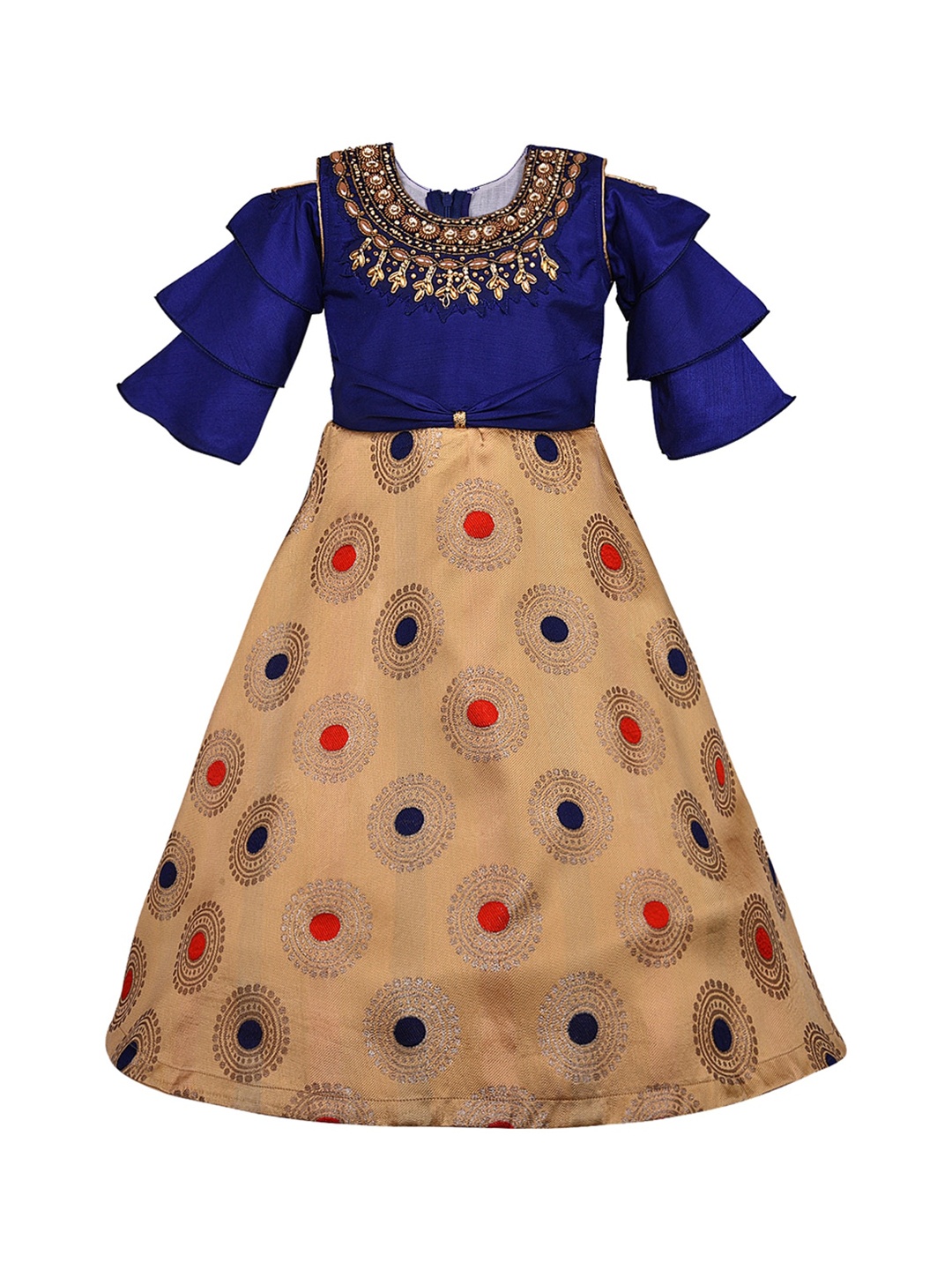 Wish Karo Girls Beige & Navy Blue Self Design Fit and Flare Dress