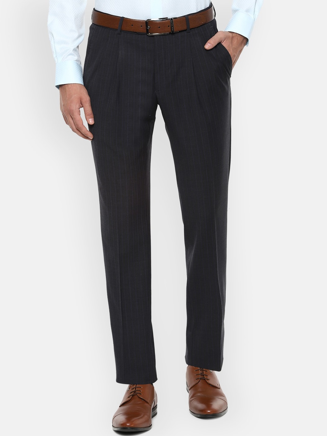 

Luxure by Louis Philippe Men Black & Navy Blue Slim Fit Striped Formal Trousers