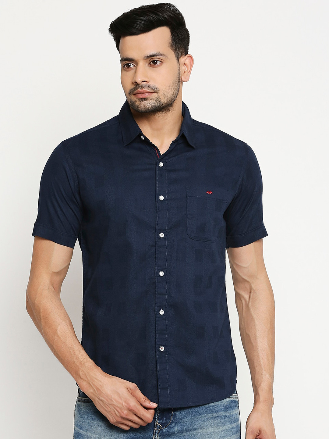 

Mufti Men Navy Blue Pure Cotton Slim Fit Checked Casual Shirt