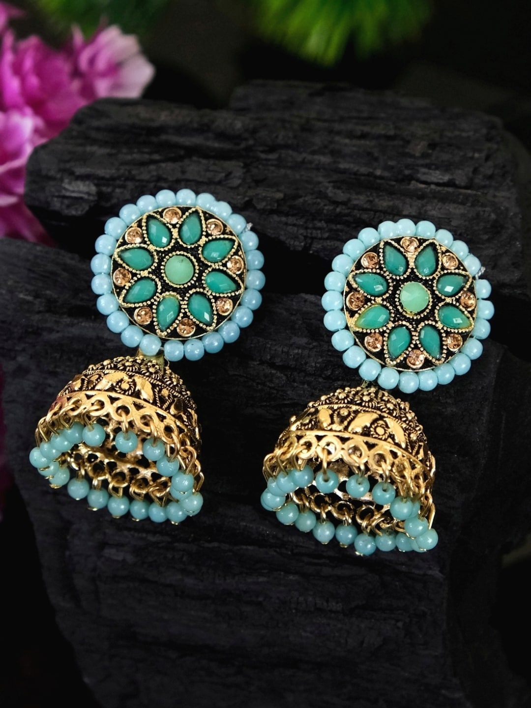 

Crunchy Fashion Sea Green & Gold-Toned Contemporary Jhumkas