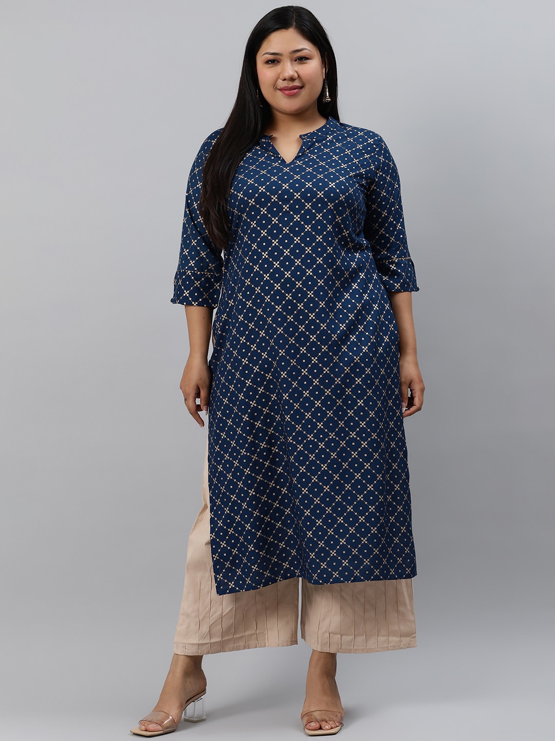 EXTRA LOVE BY LIBAS Women Plus Size Navy Blue & Beige Geometric Printed Kurta