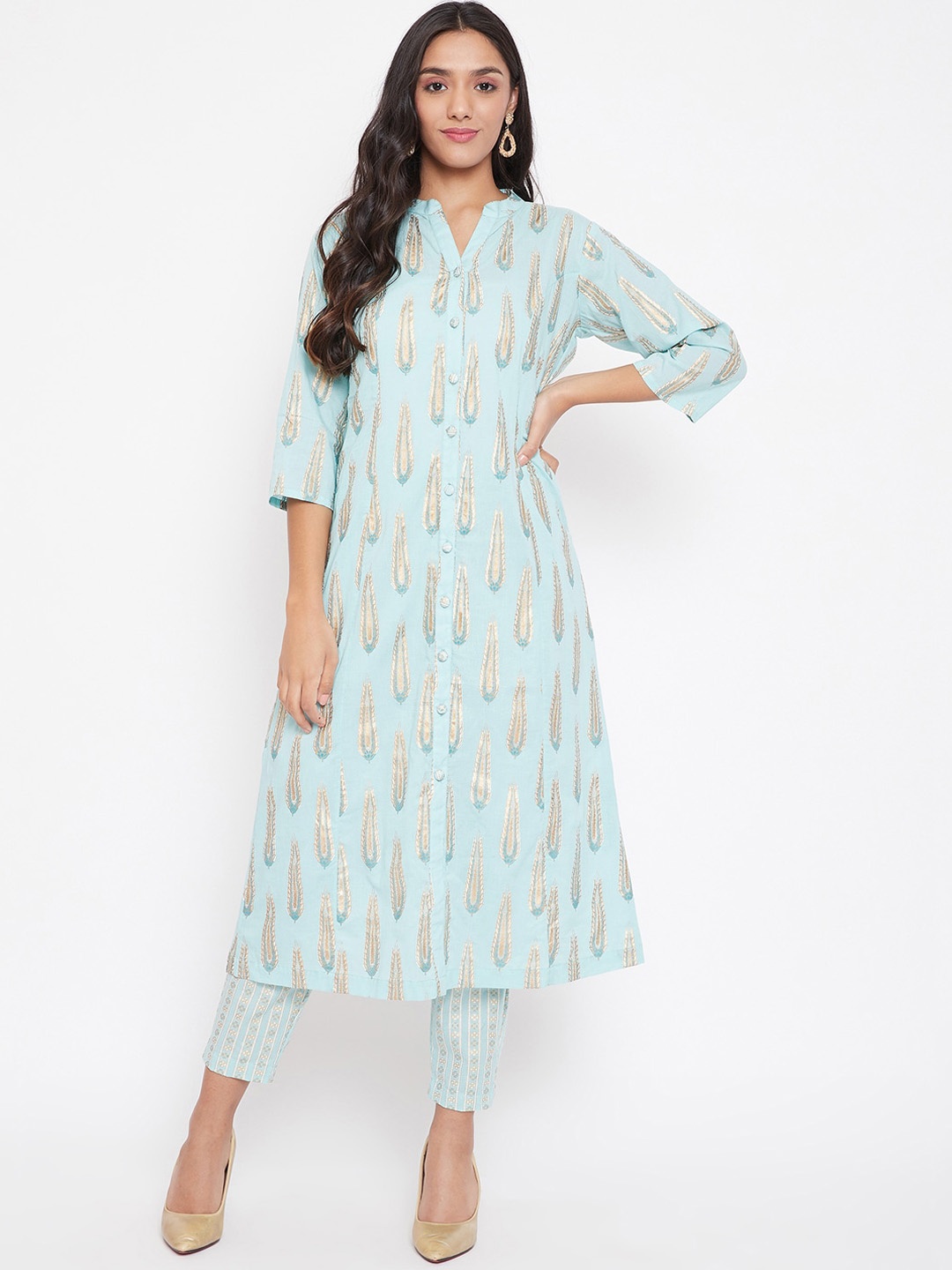 

The Kaftan Company Women Blue & Gold-Toned Printed Kurta with Trousers