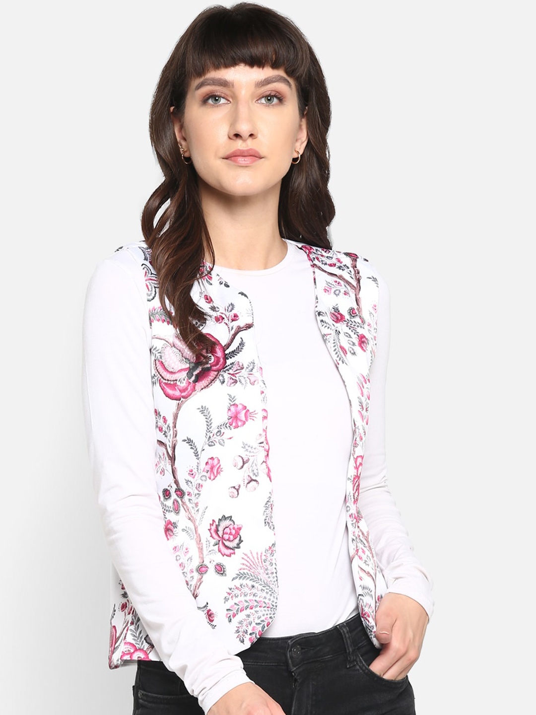 Hangup Women White Floral Printed Lightweight Tailored Jacket