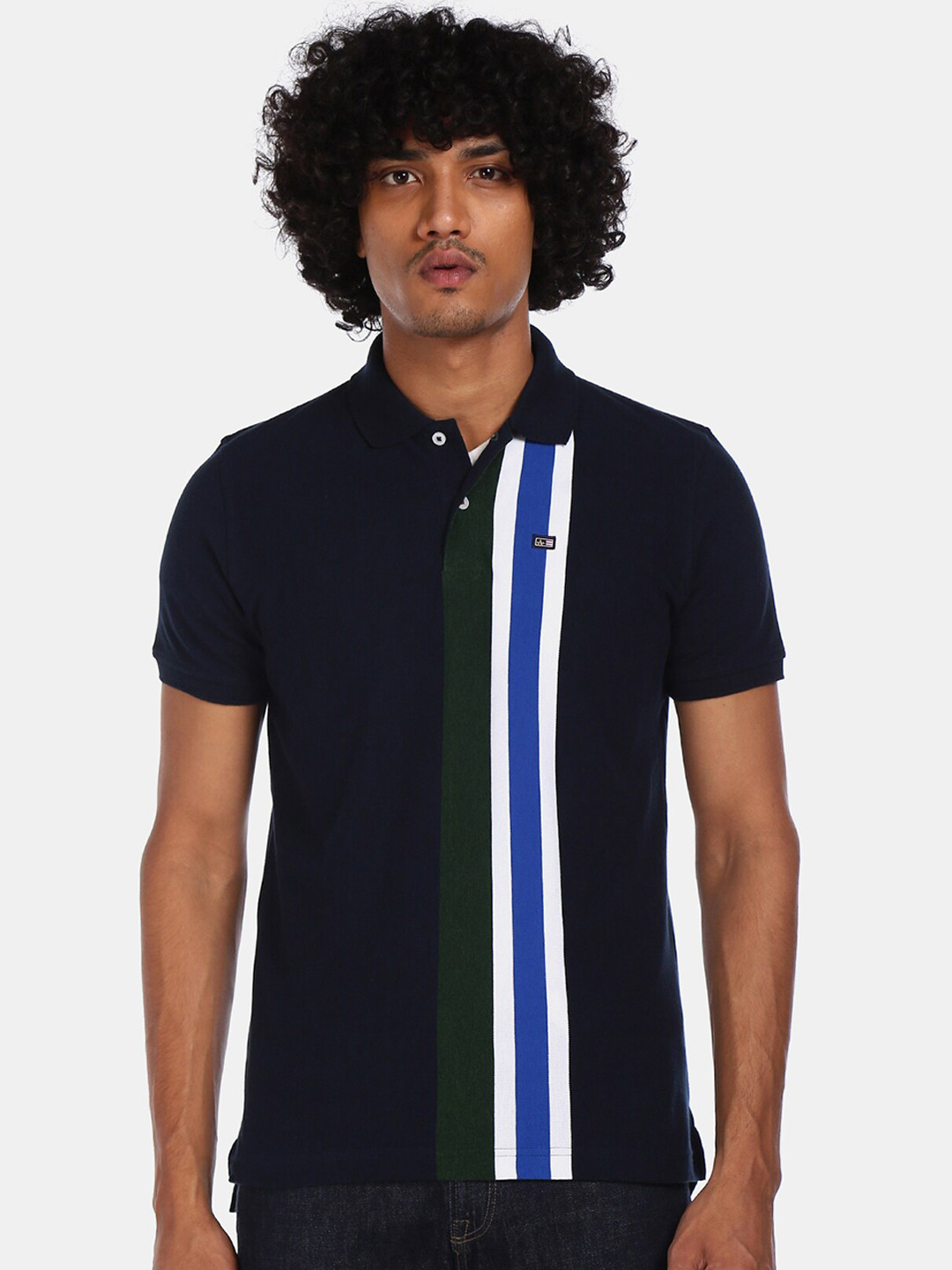 

Arrow Sport Men Navy Blue & White Striped Polo Collar T-shirt
