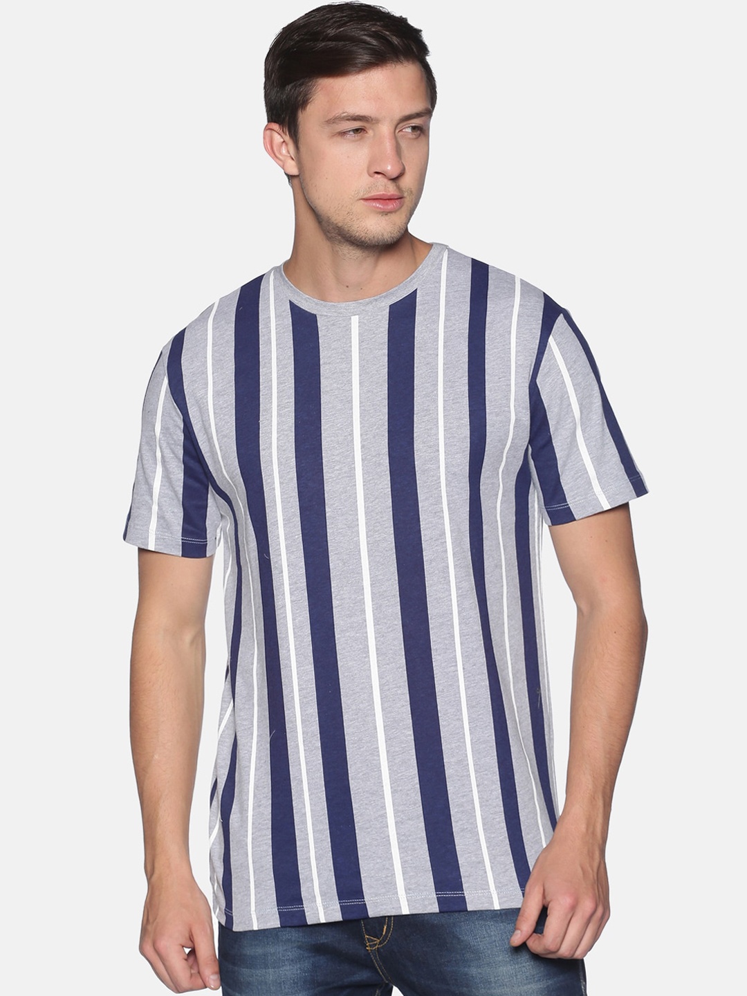 

UrGear Men Grey & Blue Striped Round Neck Cotton T-shirt