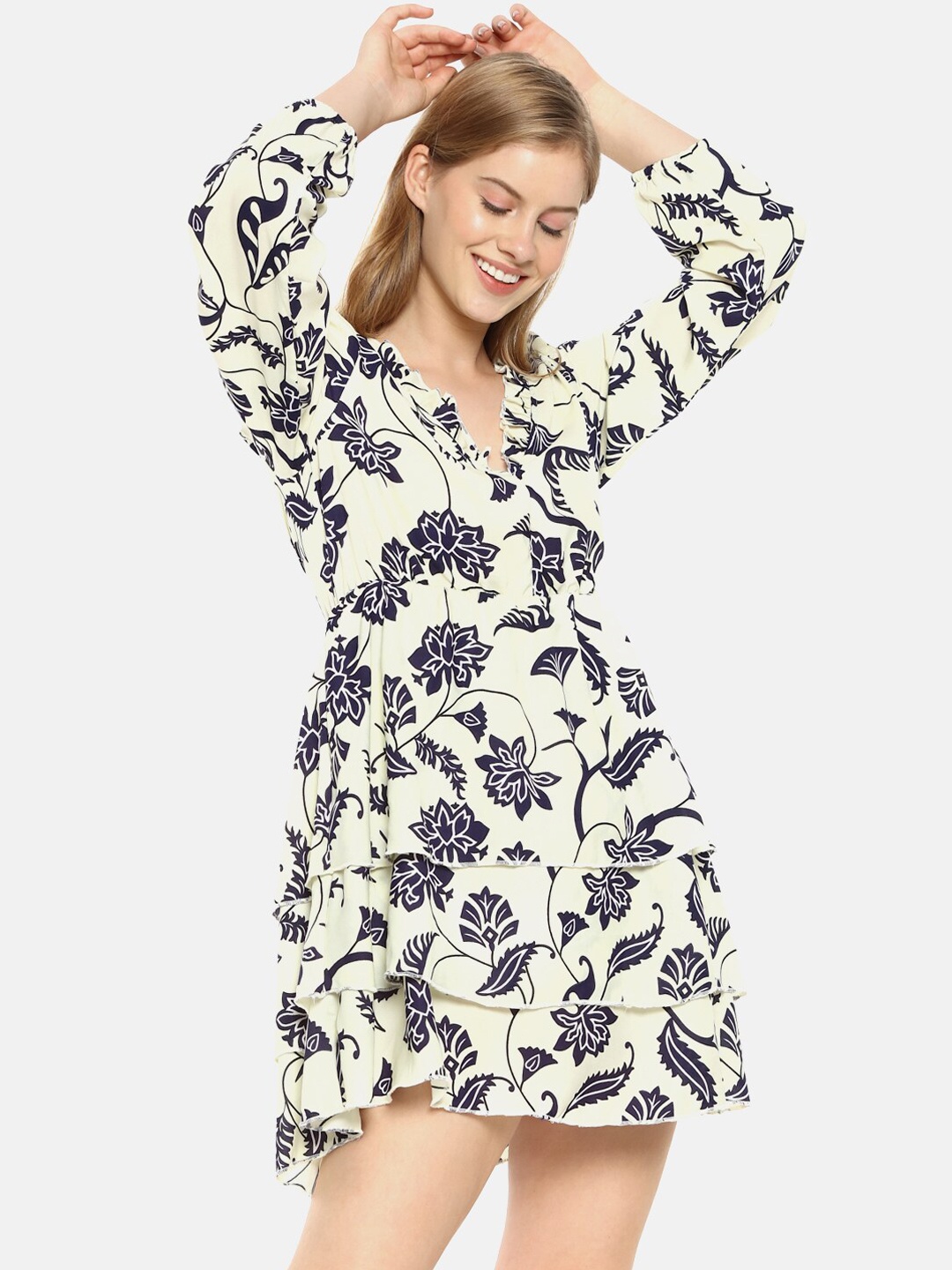 

Campus Sutra Women Cream-Coloured Printed Fit and Flare Dress