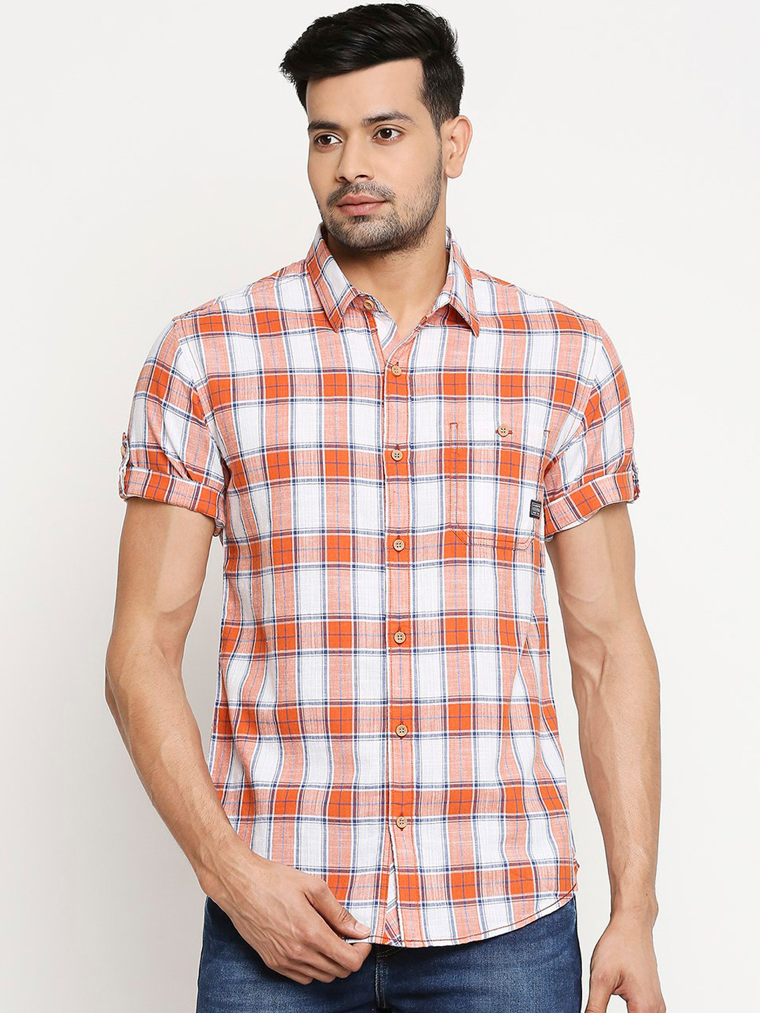 

Mufti Men White & Orange Checked Cotton Slim Fit Casual Shirt