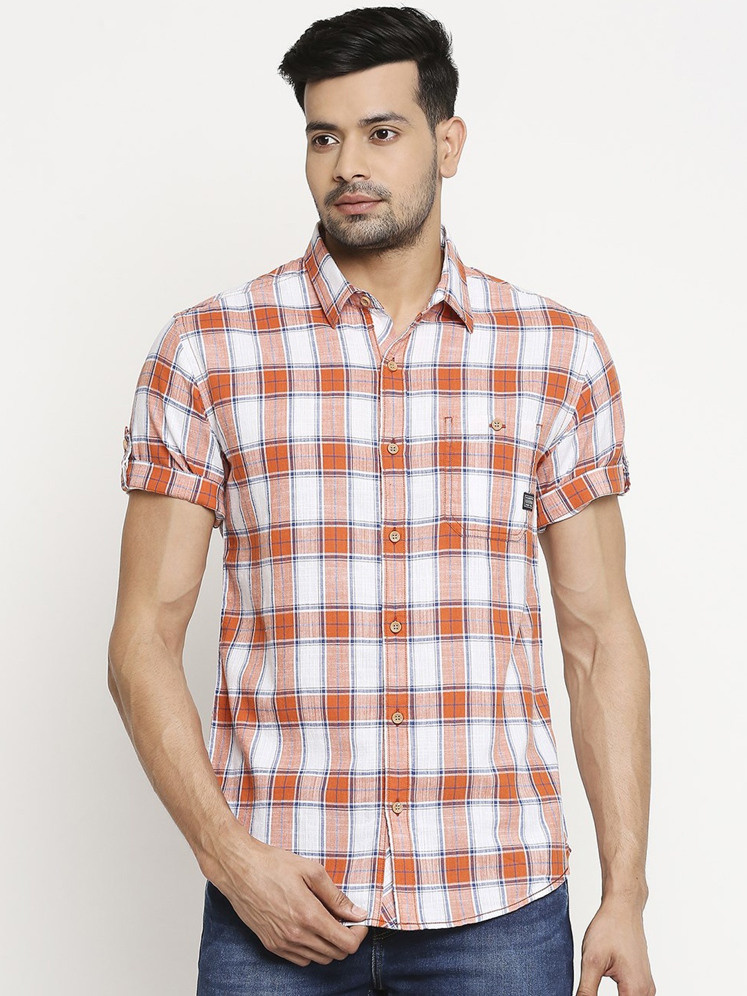 

Mufti Men White & Coral Orange Pure Cotton Slim Fit Checked Casual Shirt