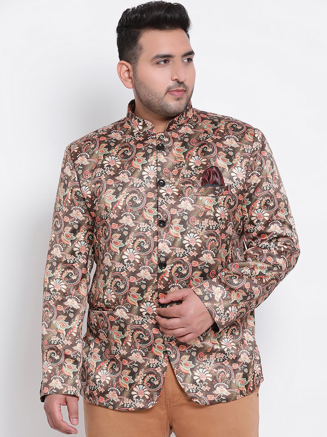 

Hangup Men Brown & Pink Floral Printed Bandhgala Party Blazer