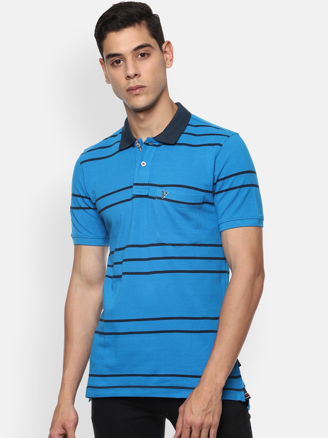 

Van Heusen Sport Men Blue Striped Polo Collar T-shirt