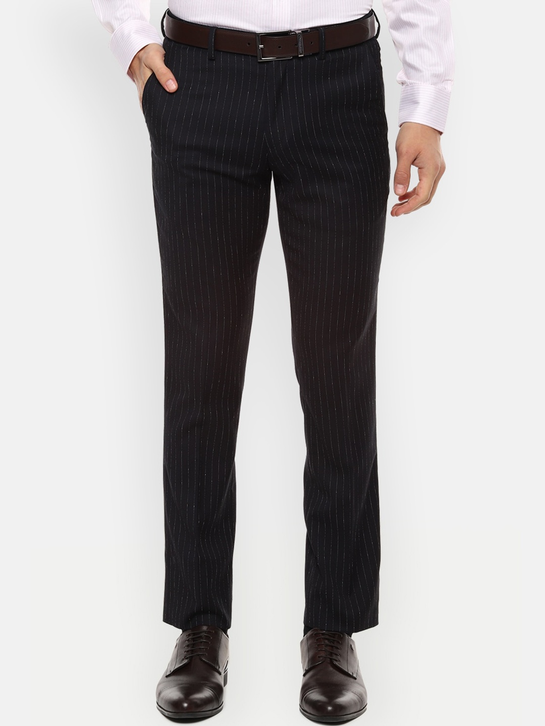 

V Dot Men Black Skinny Fit Striped Formal Trousers