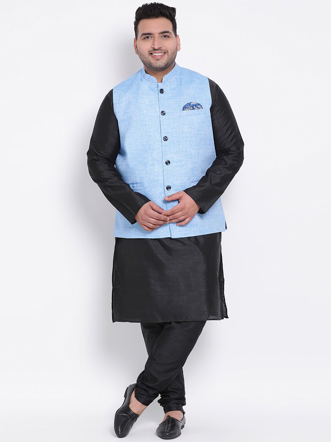 Hangup Men Black & Blue Solid Dupion Silk Kurta with Pyjamas & Jacket