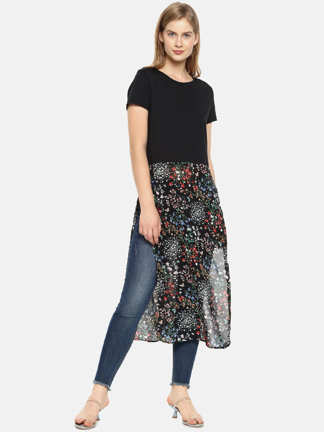 Campus Sutra Black Floral Printed Regular Longline Top
