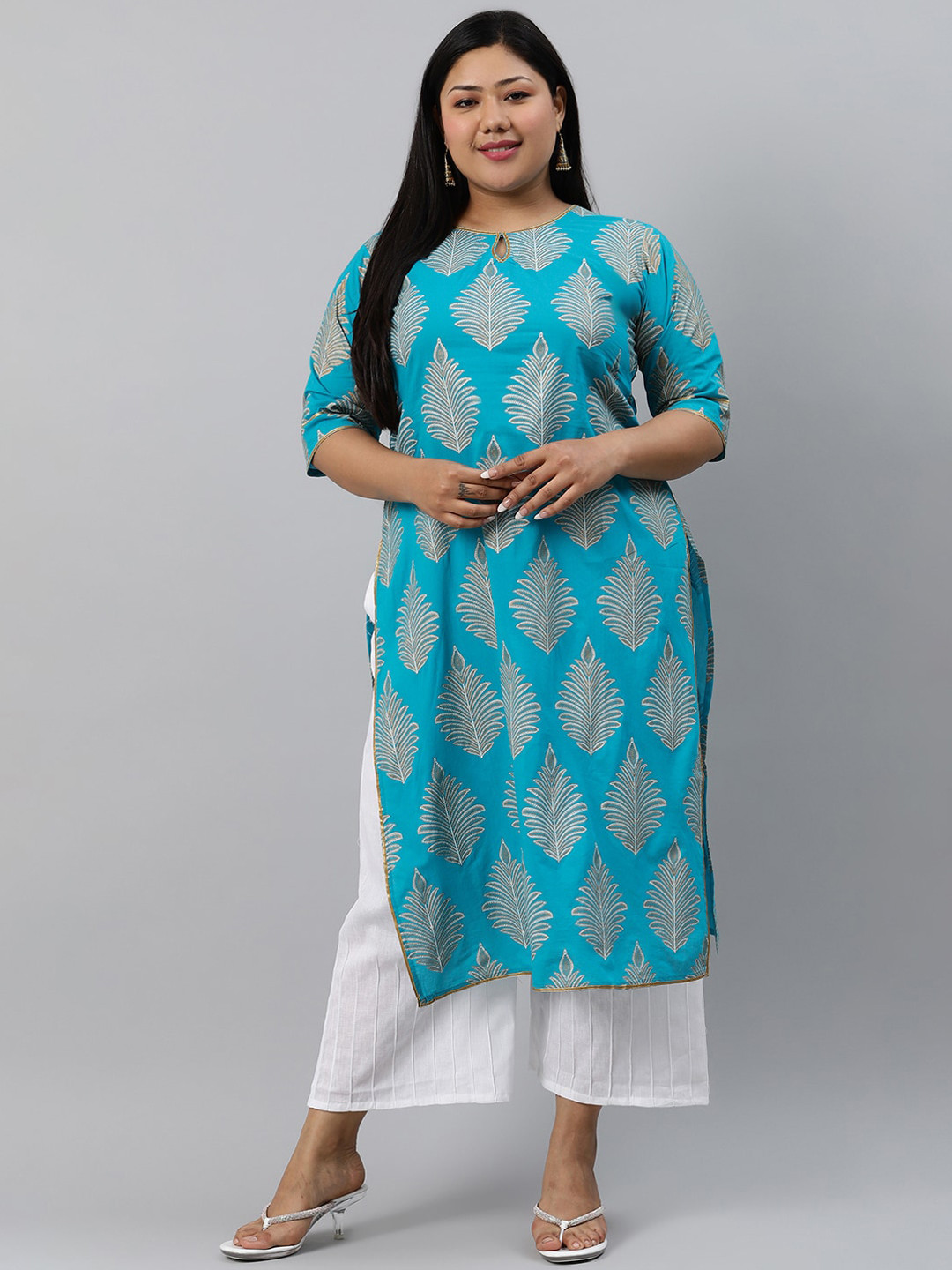

EXTRA LOVE BY LIBAS Women Plus Size Turquoise Blue Ethnic Motifs Printed Cotton Kurta