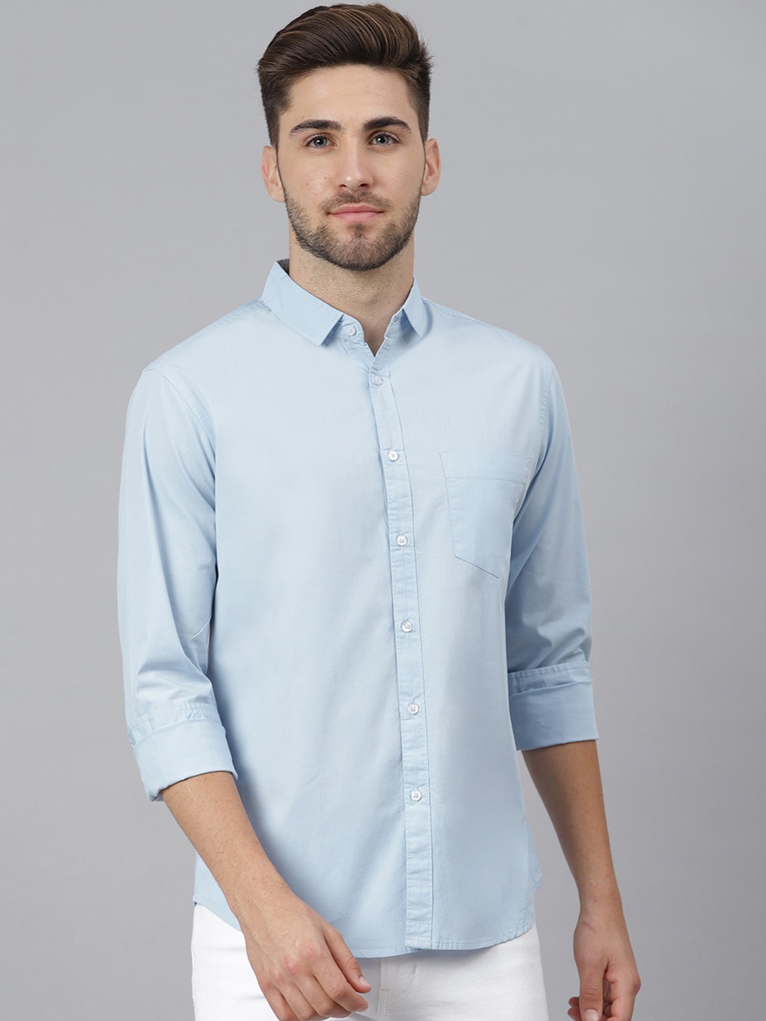 

Dennis Lingo Men Blue Cotton Slim Fit Solid Casual Shirt