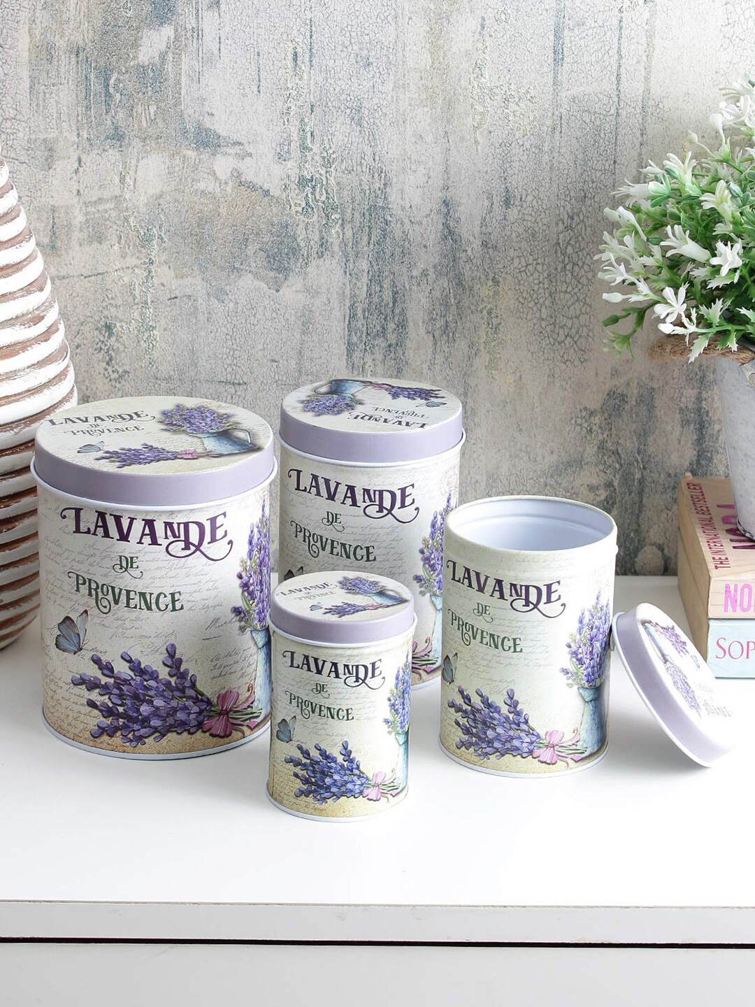 

A Vintage Affair- Home Decor Set Of 4 Purple & Beige Lavande De Province Printed Storage Tins