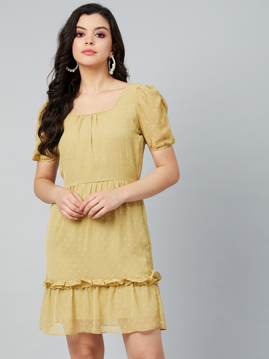 

Athena Women Yellow Dobby Weave Self Design A-Line Dress With Puff Sleeves
