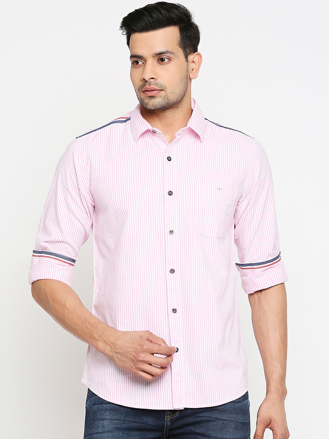 

Mufti Men Pink & White Striped Cotton Slim Fit Casual Shirt