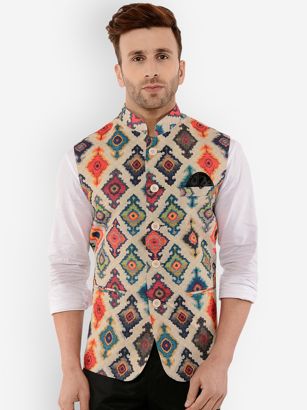 

Hangup Men Beige & Blue Printed Nehru Jacket