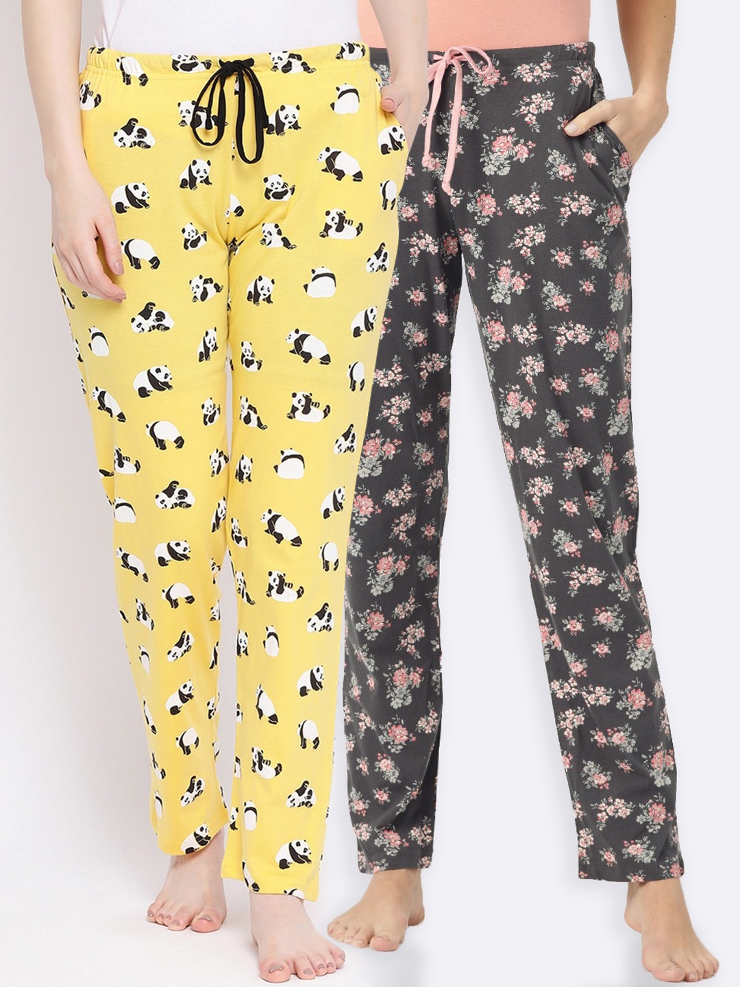 Kanvin Women Pack Of 2 Printed Lounge Pants, Yellow