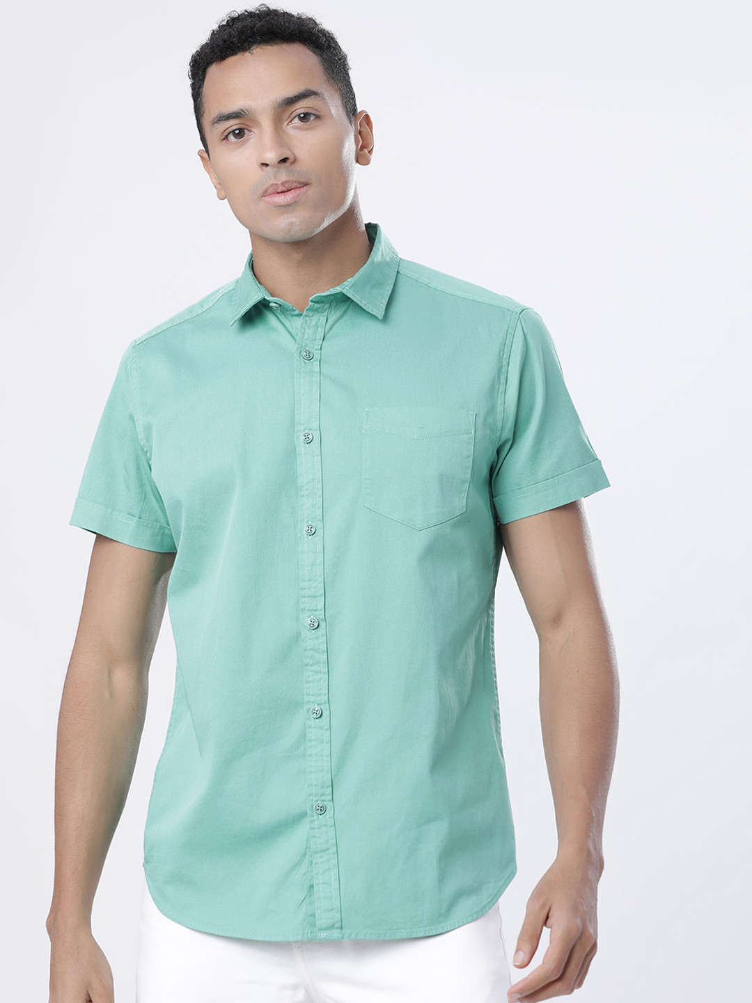 

LOCOMOTIVE Men Sea Green Solid Cotton Slim Fit Casual Shirt
