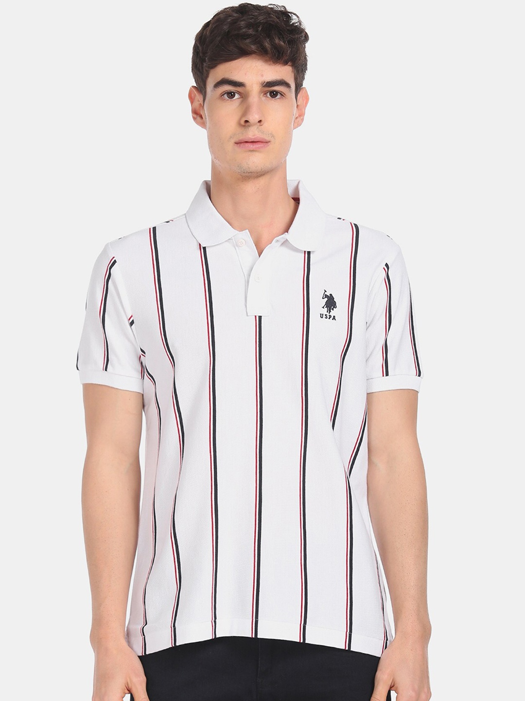 

U.S. Polo Assn. Men White & Black Striped Polo Collar T-shirt