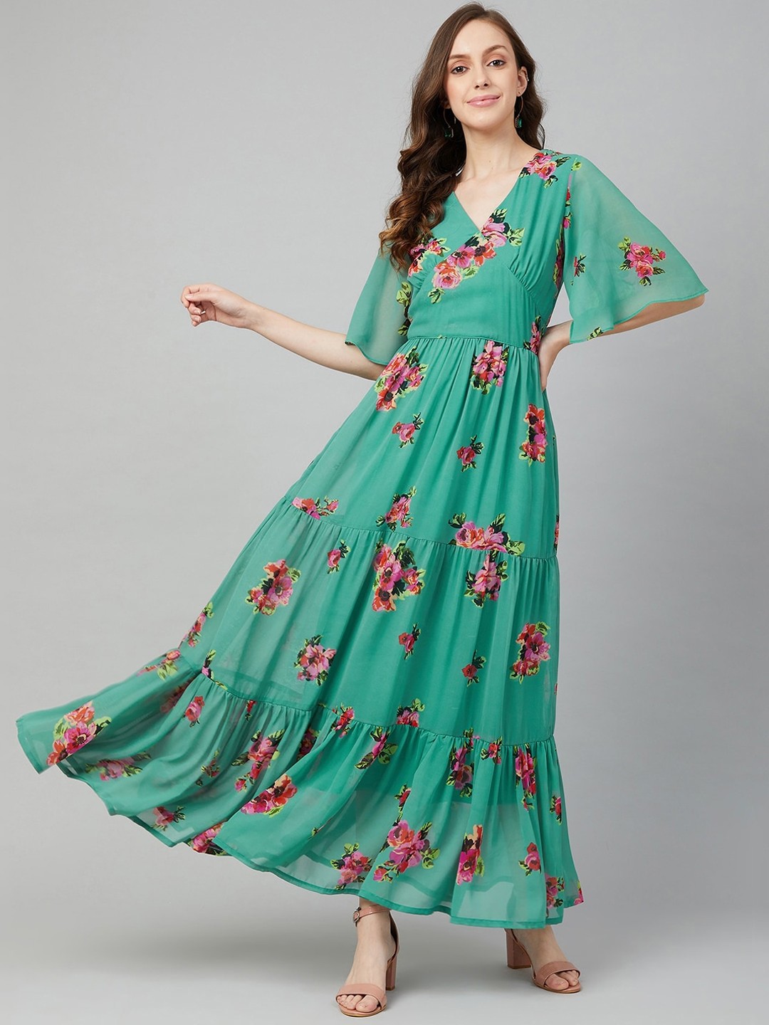 

RARE Women Green & Red Floral Printed Maxi Dress With Flared Sleeves