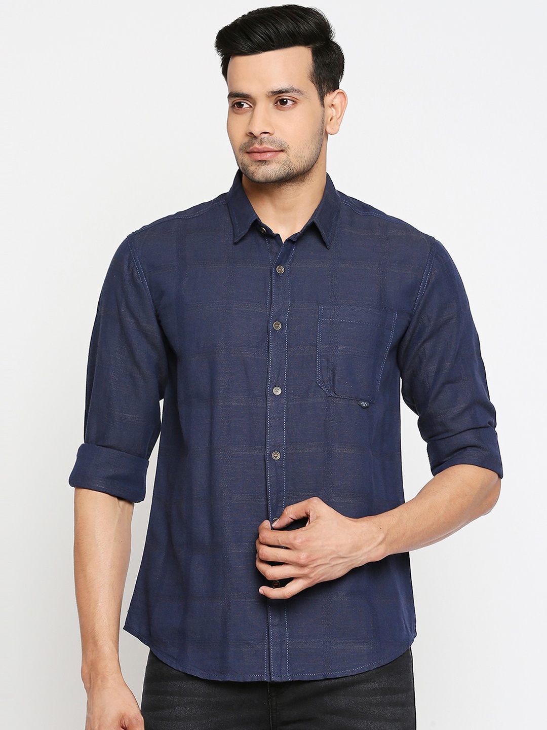 Mufti Men Navy Blue Slim Fit Checked Casual Shirt