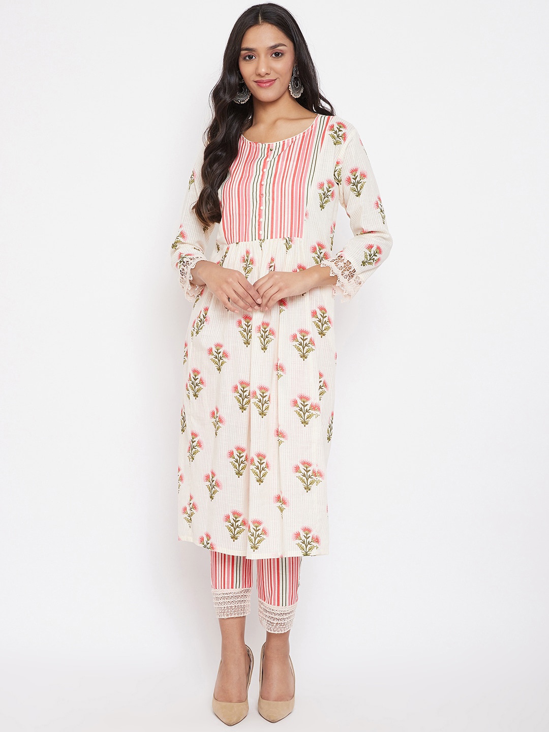 

The Kaftan Company Women White & Pink Printed Kurta with Trousers