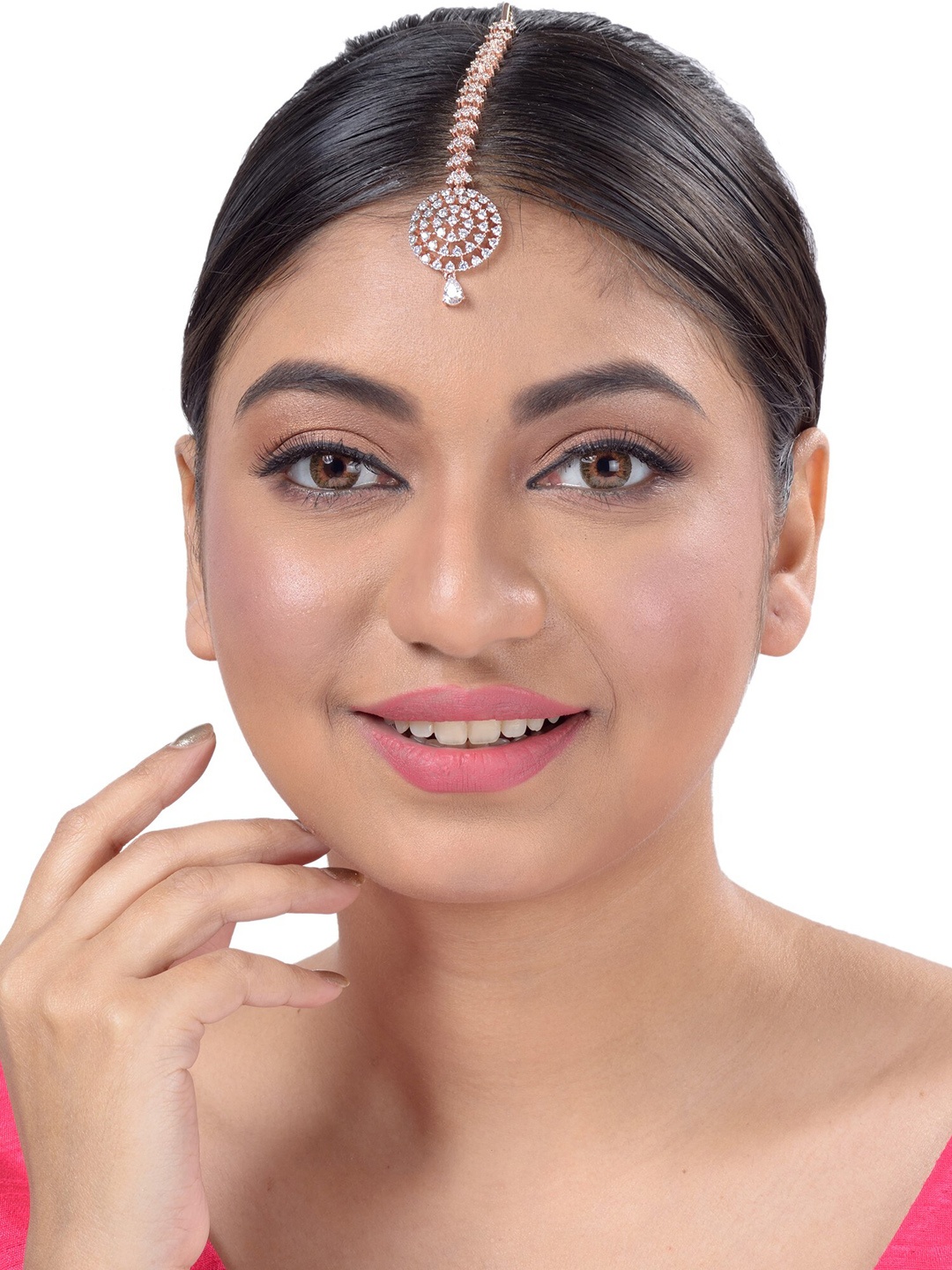 

Saraf RS Jewellery Rose Gold-Plated White CZ & AD-Studded Handcrafted Maang Tikka