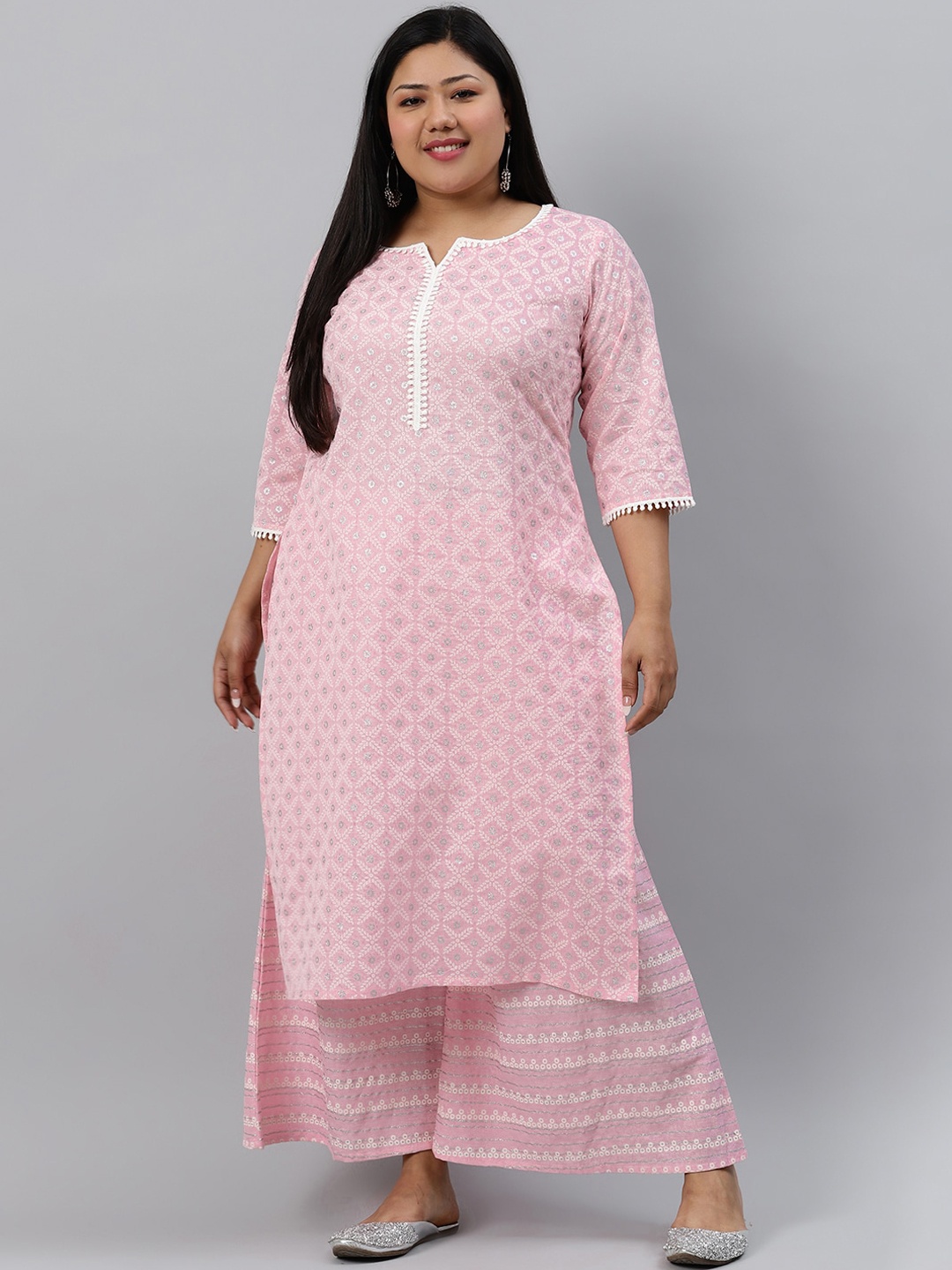 

EXTRA LOVE BY LIBAS Women Plus Size Pink & Off White Floral Printed Cotton Kurta