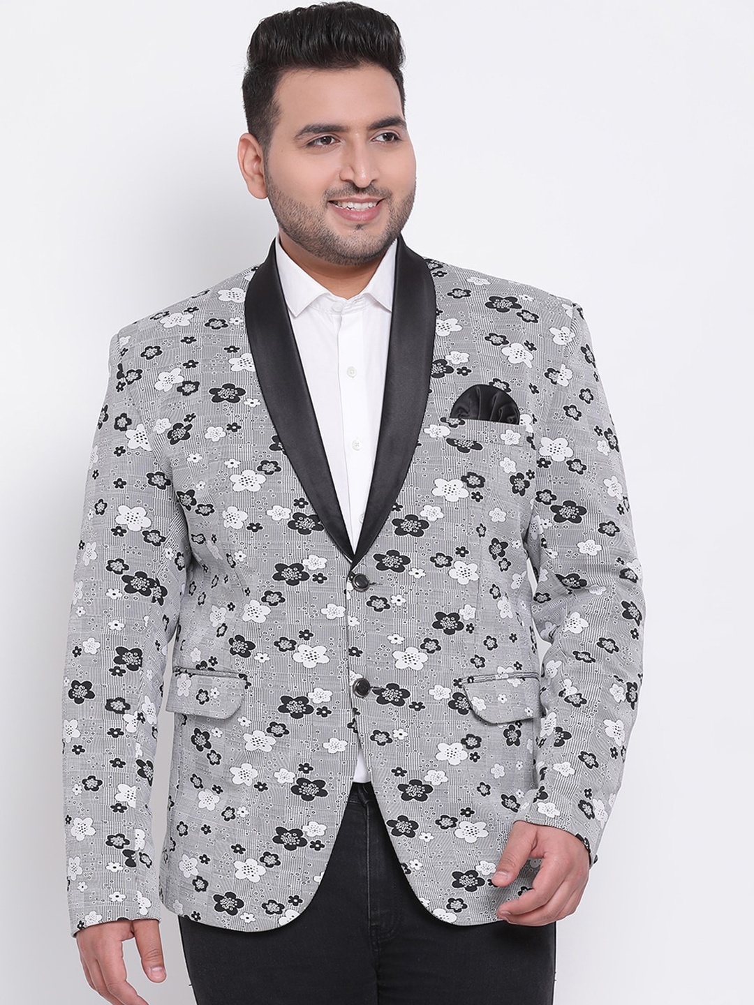 

Hangup Men Grey & Black Printed Single-Breasted Party Blazer