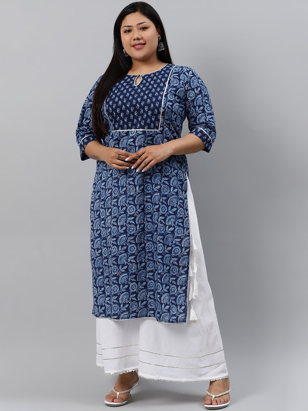 

EXTRA LOVE BY LIBAS Women Plus Size Blue Printed Keyhole Neck Cotton Kurta