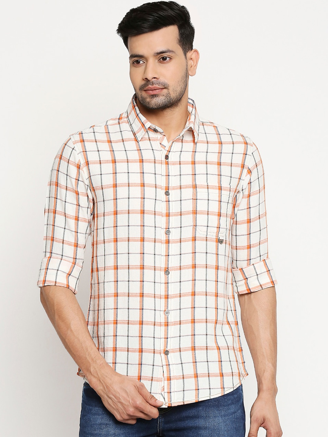 

Mufti Men White & Orange Slim Fit Checked Casual Shirt