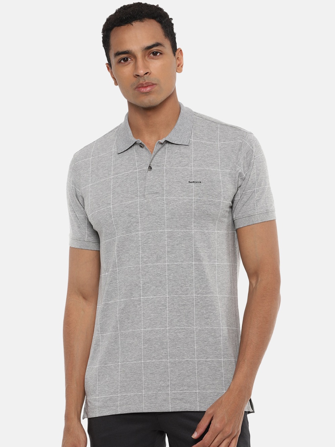 

Van Heusen Men Grey & White Checked Polo Collar T-shirt