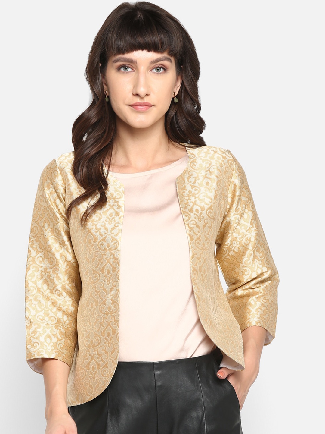 Hangup Women Golden Self Design Lightweight Open Front Jacket, Gold