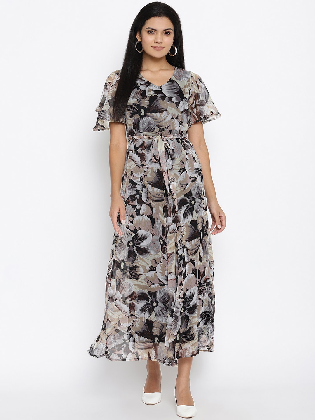 

THREAD MUSTER Women Grey & Black Romantic Floral Print Maxi Dress with Belt