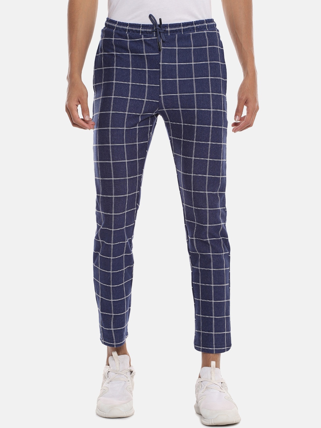 Campus Sutra Men Blue & White Checked Cotton Track Pants