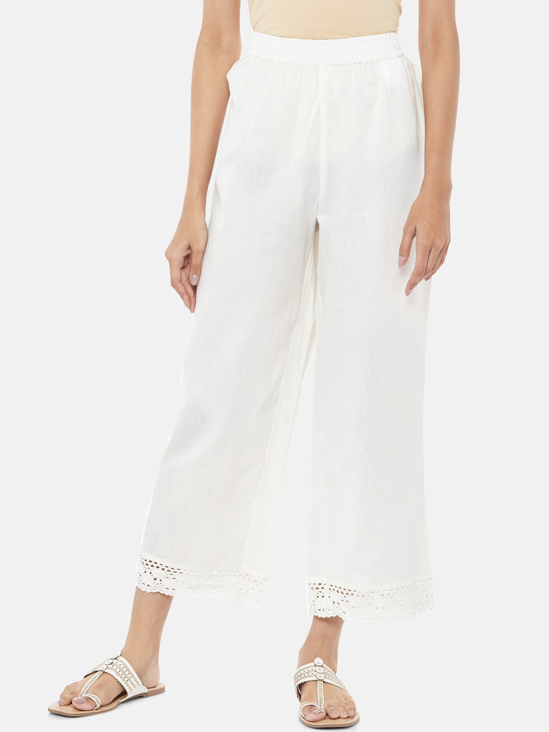 

RANGMANCH BY PANTALOONS Women Off-White Regular Fit Embroidered Parallel Trousers