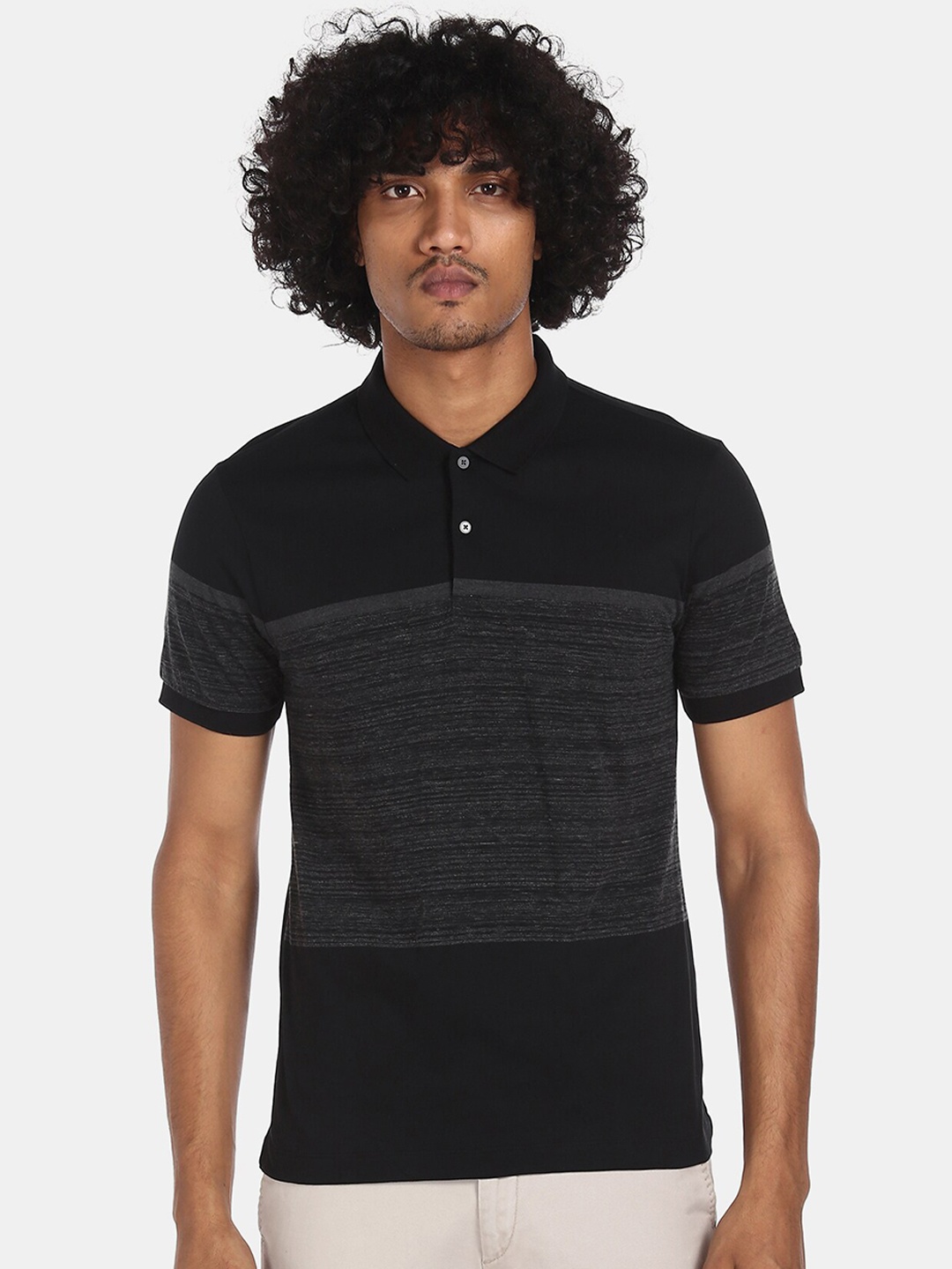 

Arrow New York Men Black & Charcoal Grey Striped Pure Cotton Polo Collar T-shirt