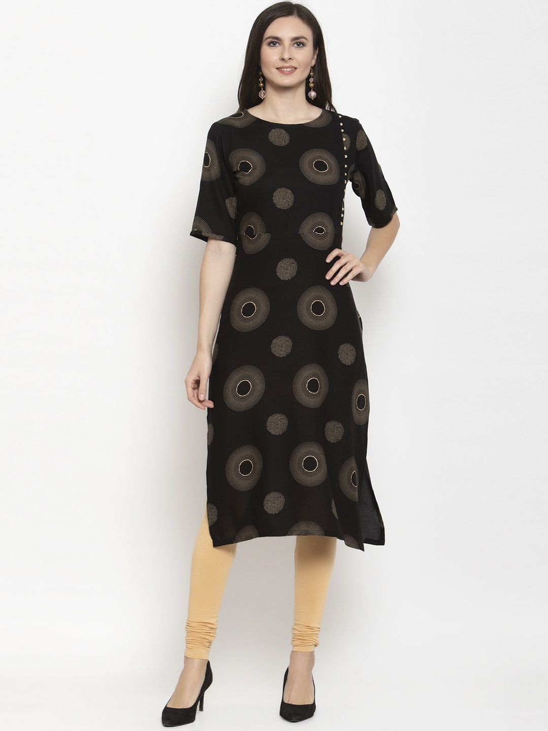 

Purple State Women Black & Beige Printed Kurta with Churidar