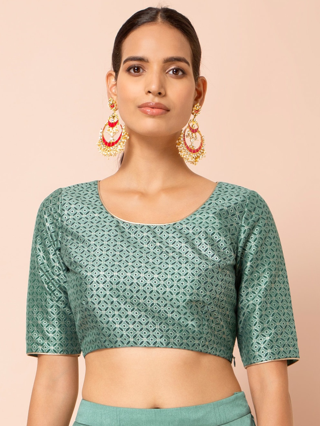 

INDYA Green Geometric Printed Regular Jade Mughal Foil Crop Top