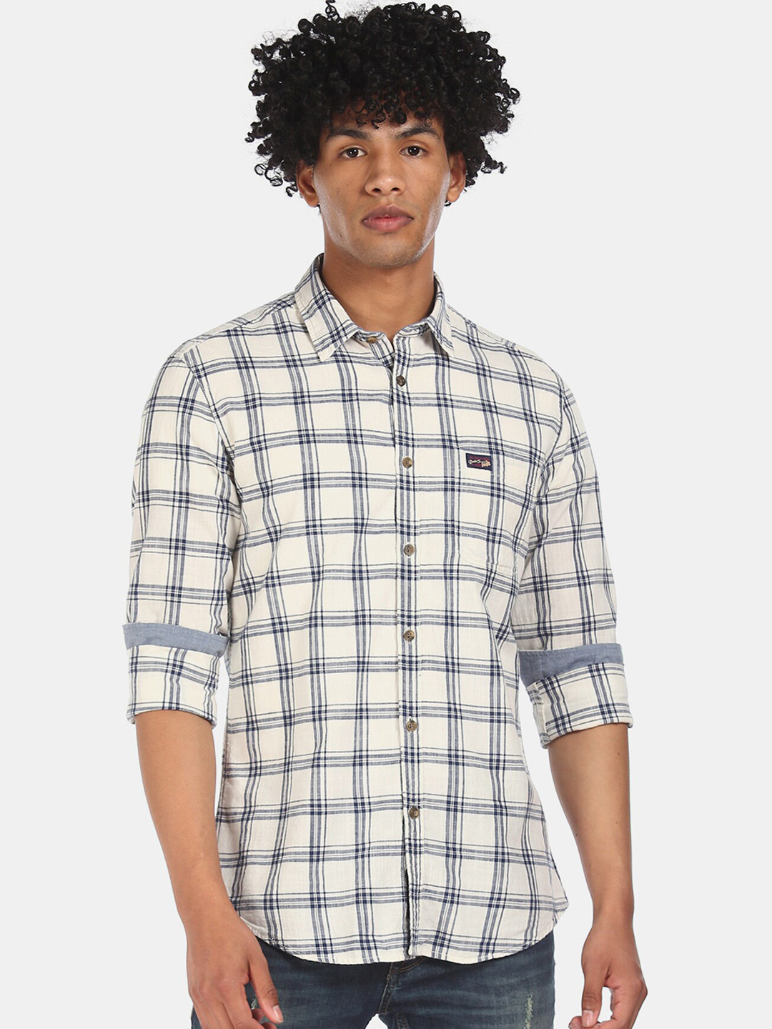 

U.S. Polo Assn. Denim Co. Men Off White & Blue Regular Fit Checked Casual Shirt