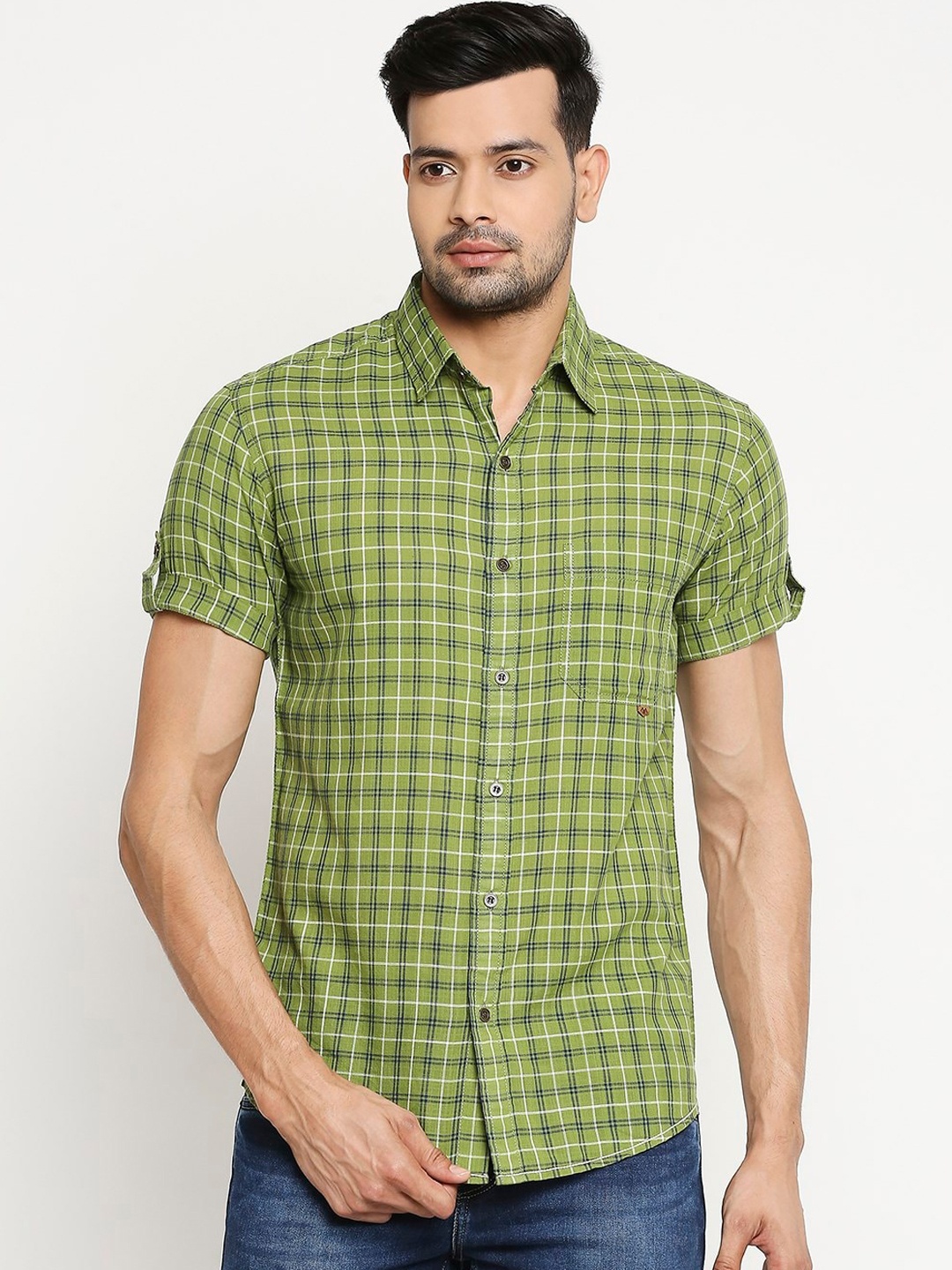 

Mufti Men Olive Green Slim Fit Checked Casual Shirt