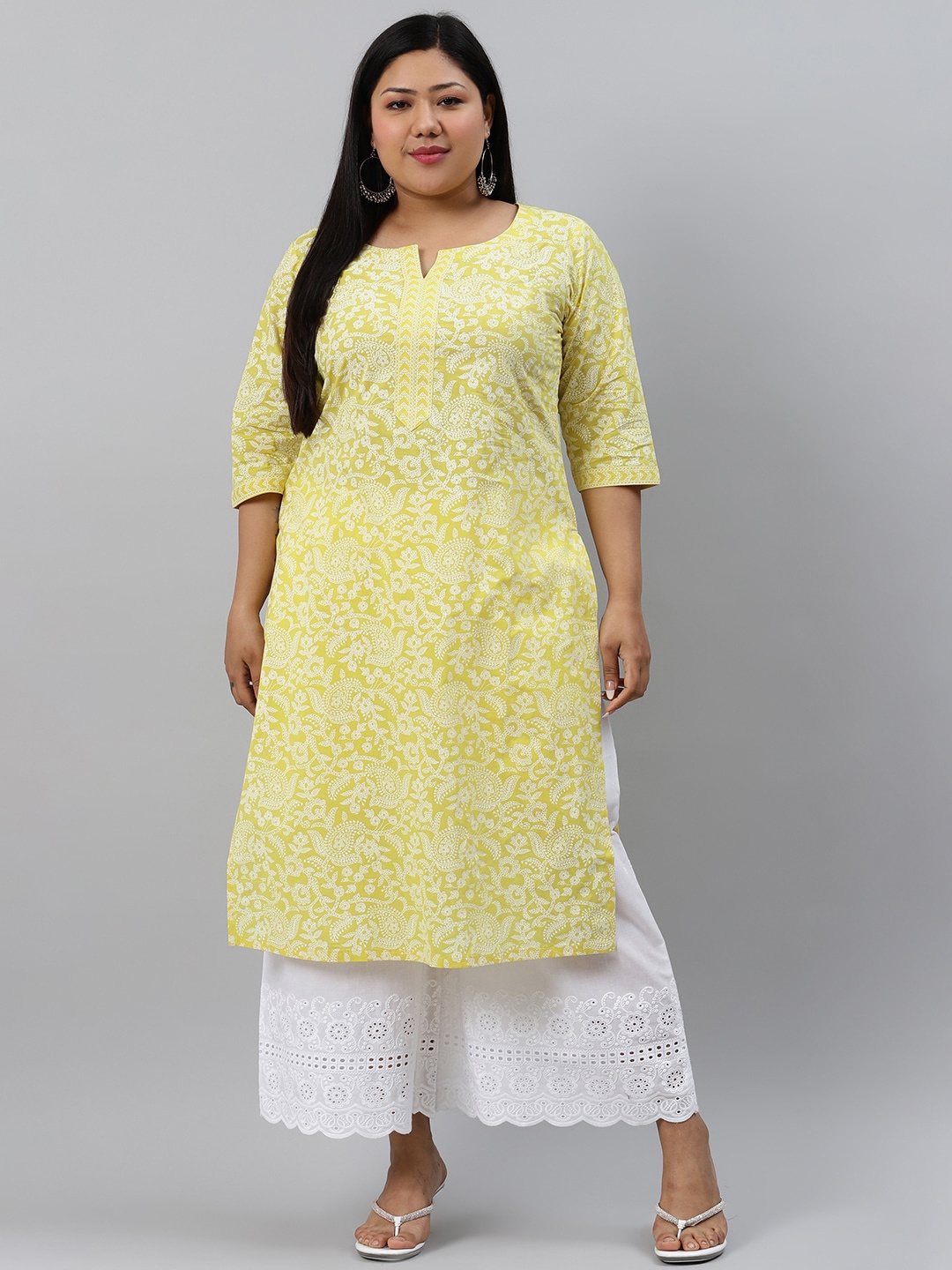 

EXTRA LOVE BY LIBAS Women Plus Size Yellow Floral Printed Cotton Kurta